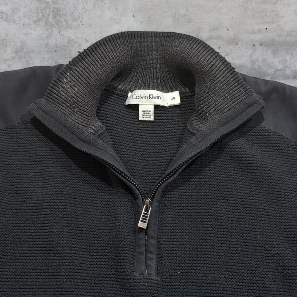 Vintage quarter zip sweater by Calvin Klein with faux suede shoulder patches